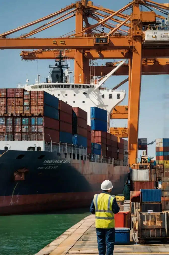 Port worker in hi-vis watching a container ship berth beneath quay cranes