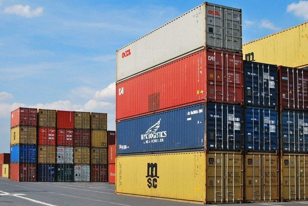 Stacked shipping containers at a port terminal